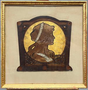 D'après Alphonse Mucha, Leather Work: D'après Alphonse Mucha (1860-1939), framed leather work panelDimensions: 12.5" x 12.5" (sight); 19.75'' x 19.5'' (framed)Weight: 119 ounces