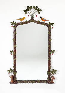 "Strawberry Thief" Carvers' Guild Mirror: Carvers' Guild Strawberry Thief mirror, designed by Carol Canner hand-painted with Baltimore orioles and chipmunks reaching for strawberries, animating a gothic twig frame. 44" x 27"