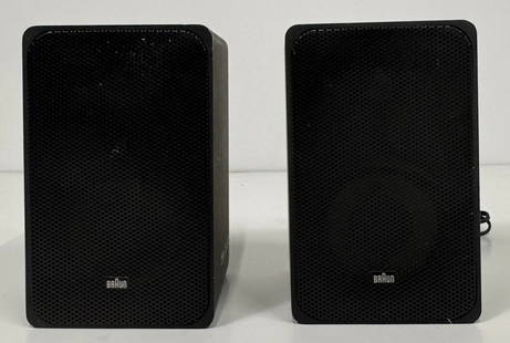 Pair of Braun AG Speakers: Pair of Braun AG Frankfurt/M speakers. Black. Dimensions approximately 7 x 4 inches.