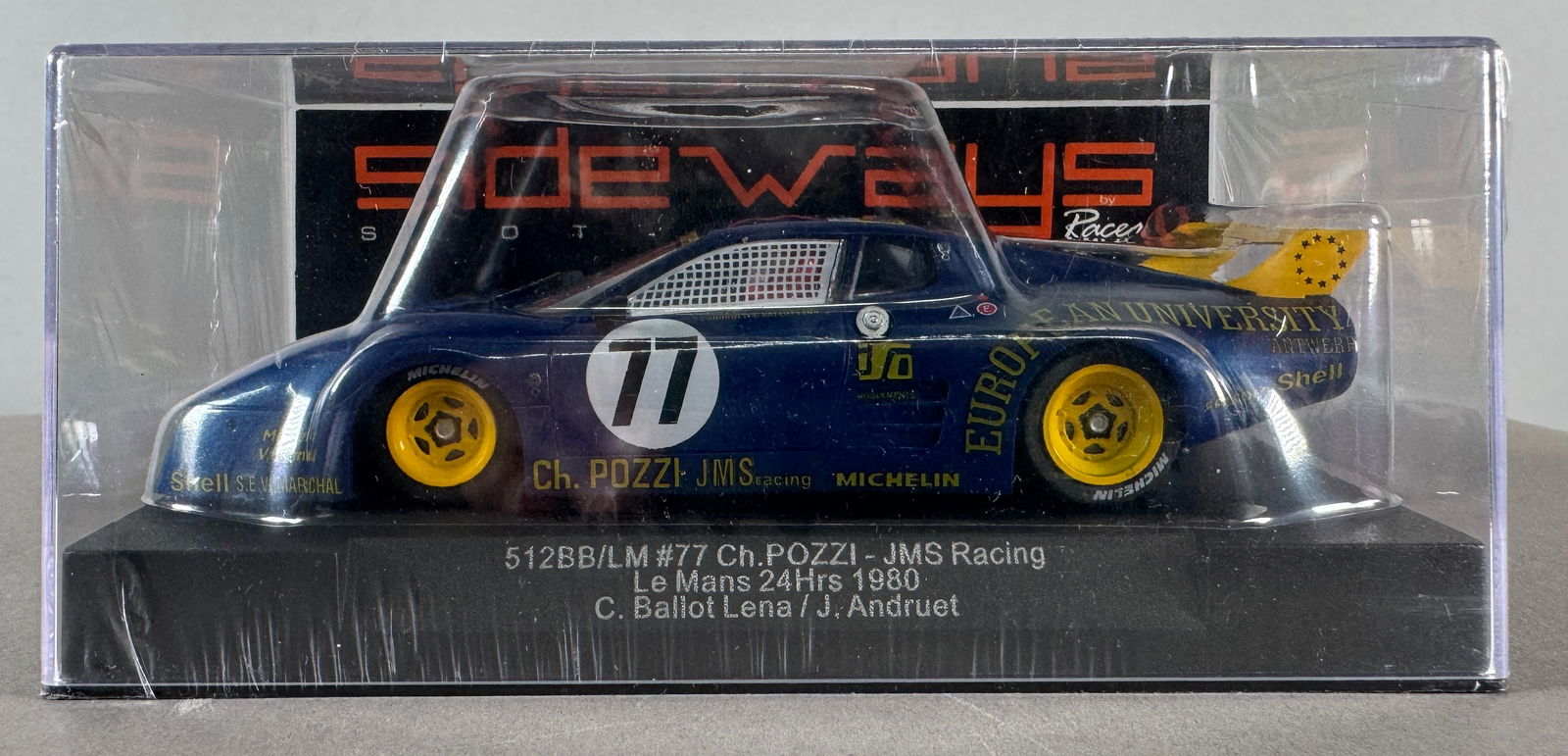 Sideways Racer 512BB/LM #77 Ch.Pozzi-JMS Racing Le Mans 1980 European University 1/32 Slot Car: Sideways Racer 512BB/LM #77 Ch.Pozzi-JMS Racing Le Mans 24H 1980 C. Ballot Lena / J. Andruet - European University 1/32 Slot Car. Reference #SW28, with original case.
