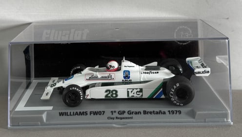 Flyslot Williams FW07 1st GP Gran Bretana 1979 Clay Regazzony #28 Fly Saudia 1/32 Slot Car
