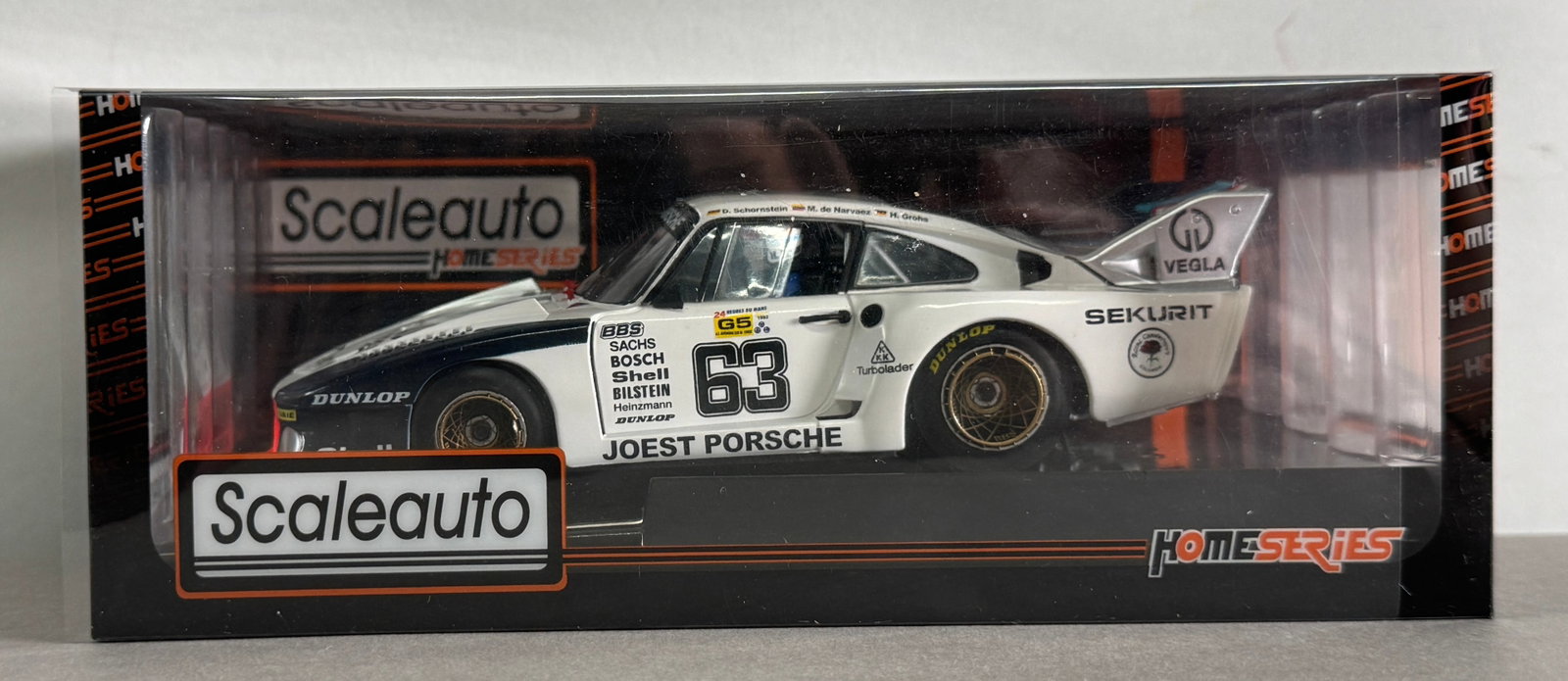 Scaleauto Joest Porsche P-935J LeMans 1982 Vegla #63 Sekurit 1/32 Slot Car: Scaleauto Joest Porsche P-935J LeMans 1982 Vegla #63 Sekurit 1/32 Slot Car. Reference #SC-9103, with original case.
