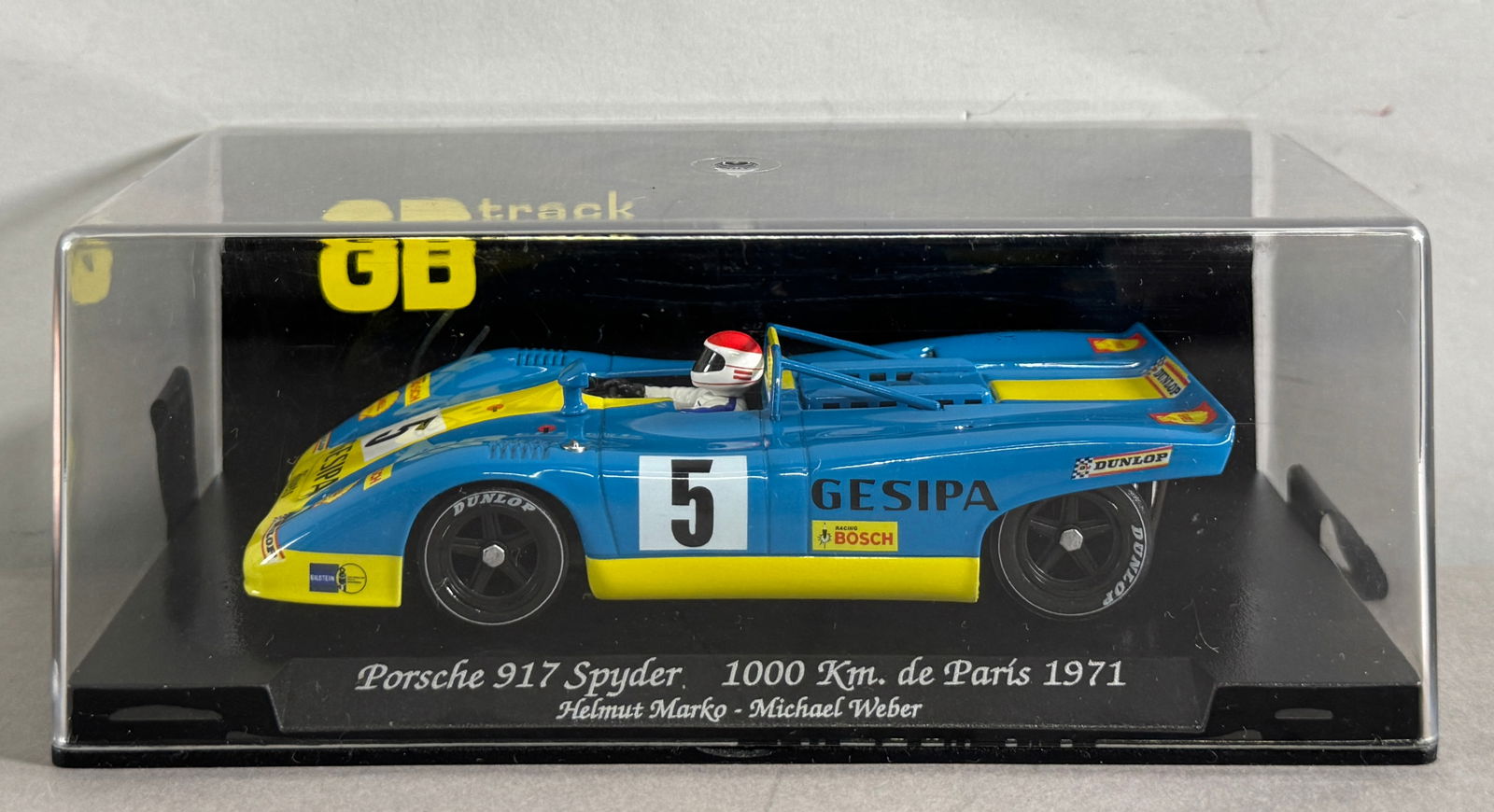 GB Track Porsche 917 Spyder 1000 Km. de Paris 1971 Marko-Weber #5 Gesipa 1/32 Slot Car: GB Track Porsche 917 Spyder 1000 Km. de Paris 1971 Helmut Marko -Michael Weber #5 Gesipa 1/32 Slot Car. Reference #GB4, with original case. 