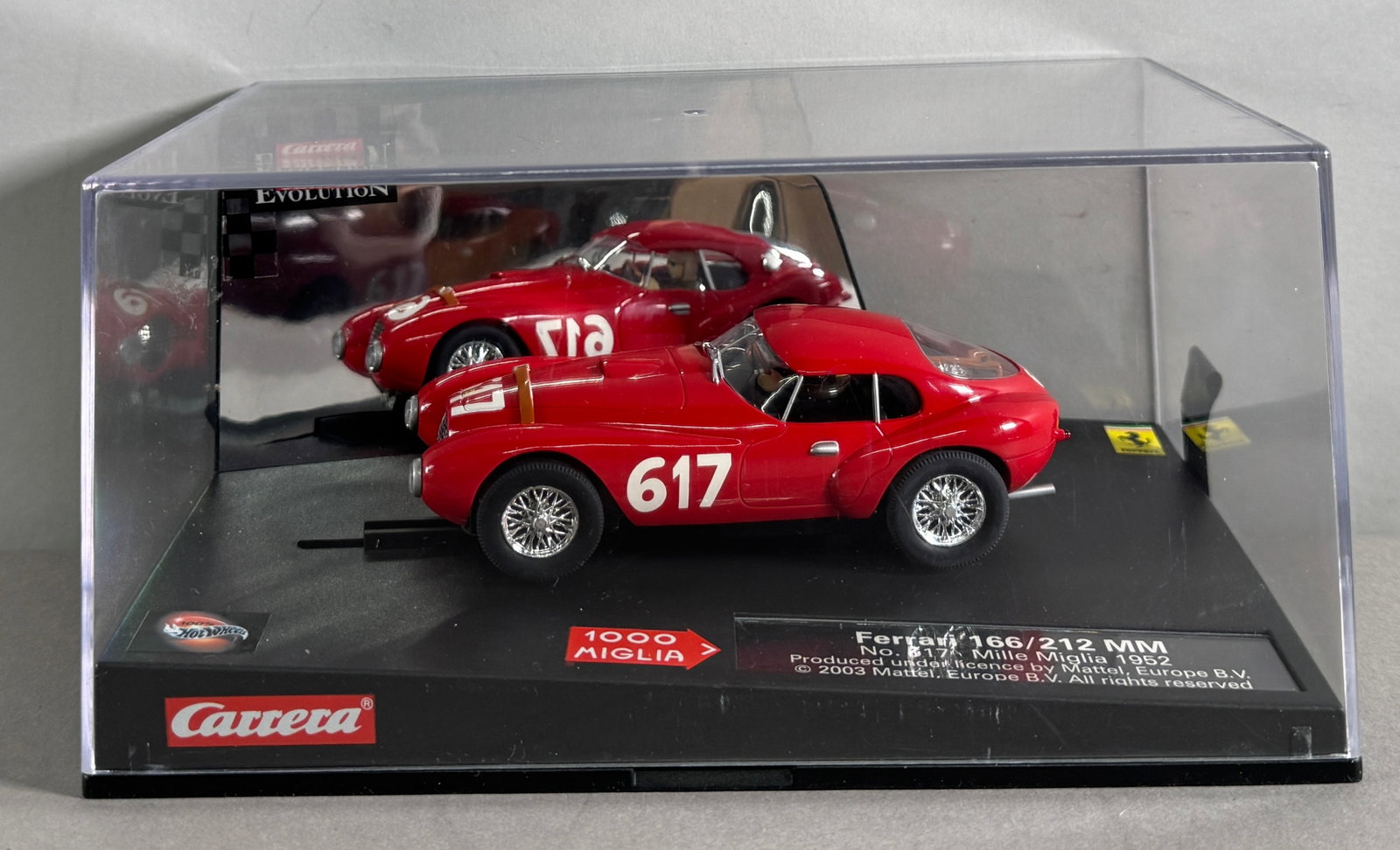 Carrera Evolution Ferrari Uovo 166/212 Millia Miglia 1952 Red #617 1/32 Slot Car: Carrera Evolution Ferrari Uovo 166/212 Millia Miglia 1952 Red #617 1/32 Slot Car. Produced under licence by Mattel, Europe B.V. 2003 Mattel, all right reserved. Reference #25711, with original ca