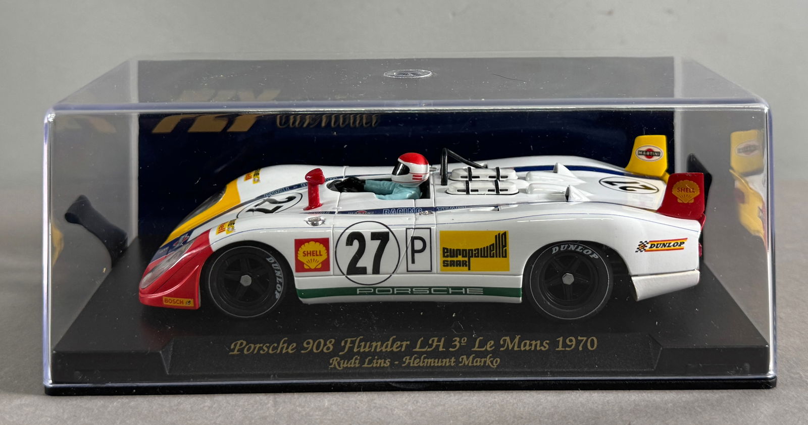 Porsche 908 Flunder LH 3rd Le Mans 1970 Lins-Marko #27 Martini-Shell 1/32 Slot Car: Porsche 908 Flunder LH 3rd Le Mans 1970 Rudi Lins - Helmunt Marko #27 Martini-Shell 1/32 Slot Car. Reference #C49, with original case. 