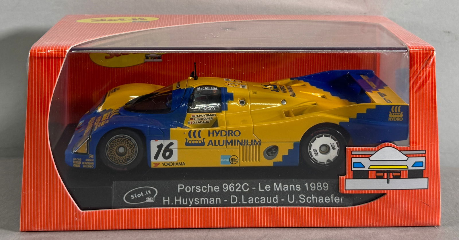 Slot.it Porsche 962C Le Mans 1989 H. Huysman-D. Lacaud-U. Schaefer #16 Hydro Aluminium 1/32 Slot Car: Slot.it Porsche 962C Le Mans 1989 H. Huysman-D. Lacaud-U. Schaefer #16 Hydro Aluminium 1/32 Slot Car. Reference #SICA0JE. Under licence from Porsche AG., with original case. 