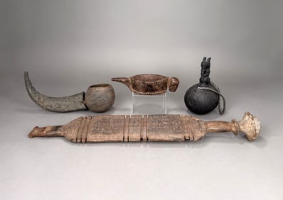 Four African Carved Objects including Pipe