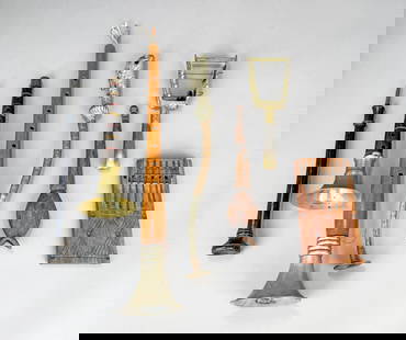 Group of Instruments: Group of instruments including: three shehnais, dragon horn, bobo fing flute,&nbsp;thumb piano, sistrum Horn and dragon flute are both 14.5&quot; long