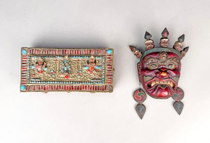 Nepalese Brass Box & Tibetan Ceremonial Mask