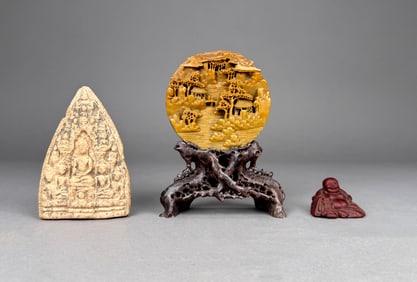 Thai Votive Tablet, Chinese Hard Stone Plaque, and Hotei