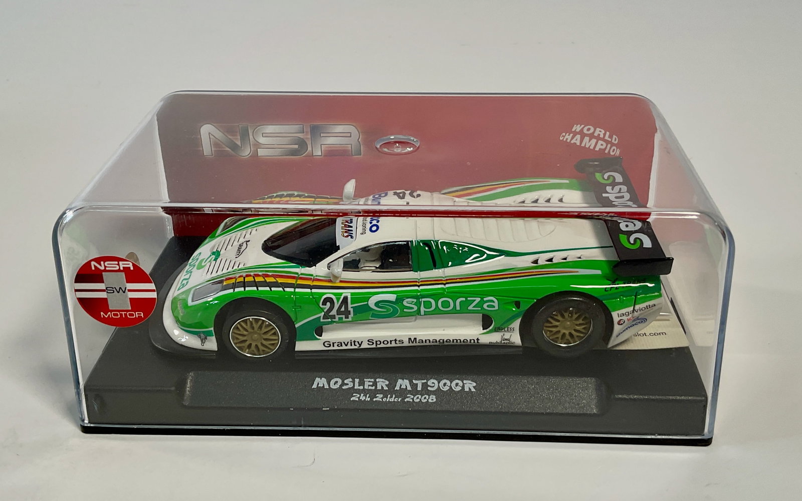 NSR Mosler MT900R 24h Zolder 2008 #24 1/32 Slot Car: NSR 0080 Mosler MT900R 24h EVO5 Zolder 2008 #24 Sporza 1/32 Slot Car, with original case. *In-house Shipping Available*