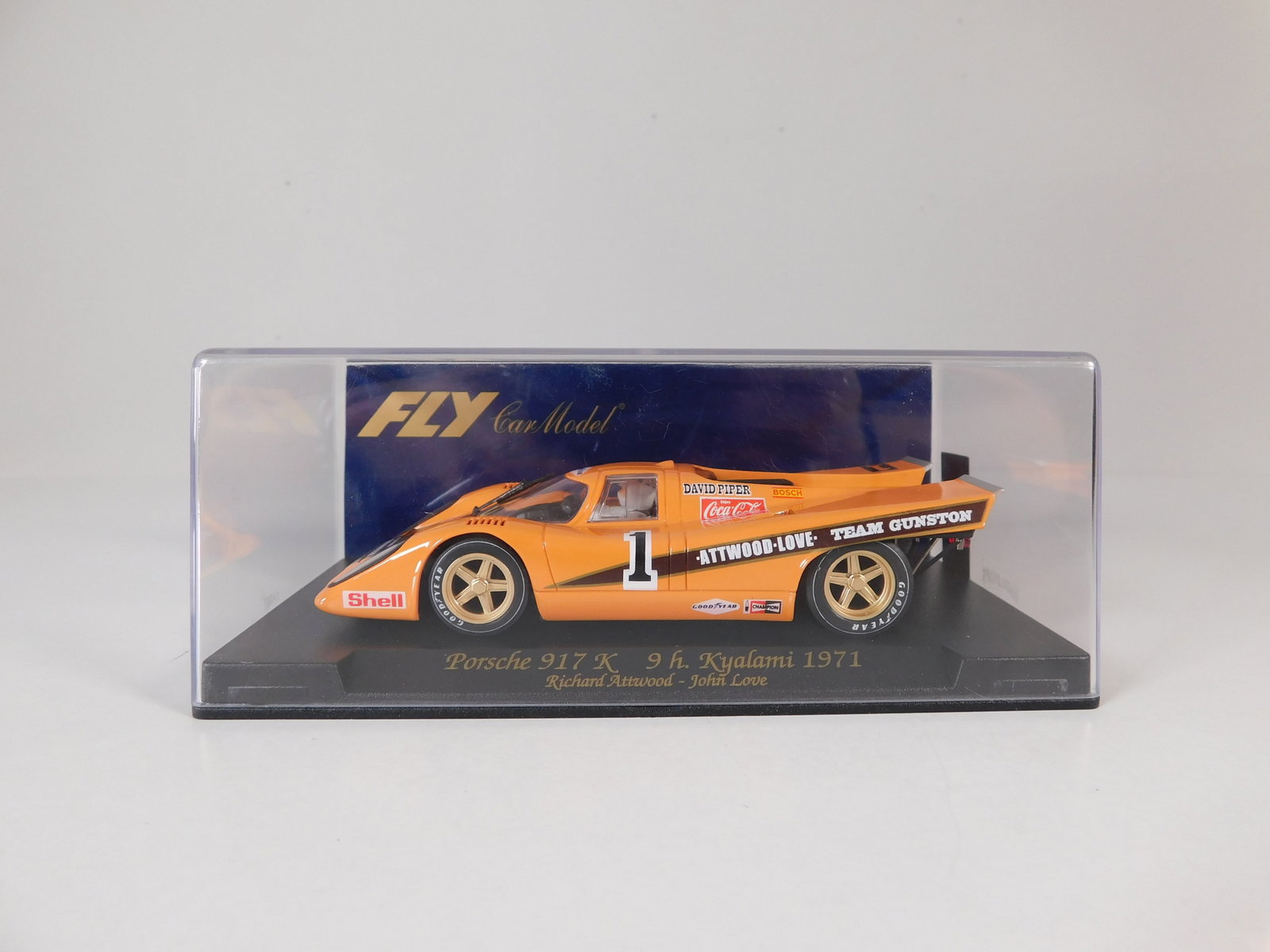 Fly Car Model Porsche 917K 9h. Kyalami 1971 #1 1/32 Slot Car: Fly Car Model Porsche 917K 9h. Kyalami 1971 Attwood-Love #1 Team Gunston - Coca Cola 1/32 Slot Car. Reference #C81, with original case. Weight: 6.6 oz. *In-house Shipping Available*