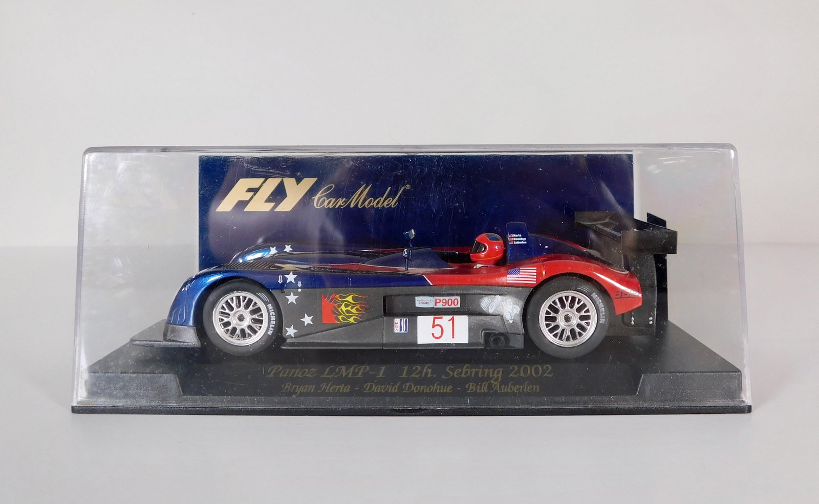 Fly Car Model Panoz LMP-1 12h. Sebring 2002 #51 Michelin 1/32 Slot Car: Fly Car Model Panoz LMP-1 12h. Sebring 2002 Herta- Donohue-Auberlen #51 Michelin 1/32 Slot Car. Reference #88007, with original case. Weight: 8 oz. *In-house Shipping Available*