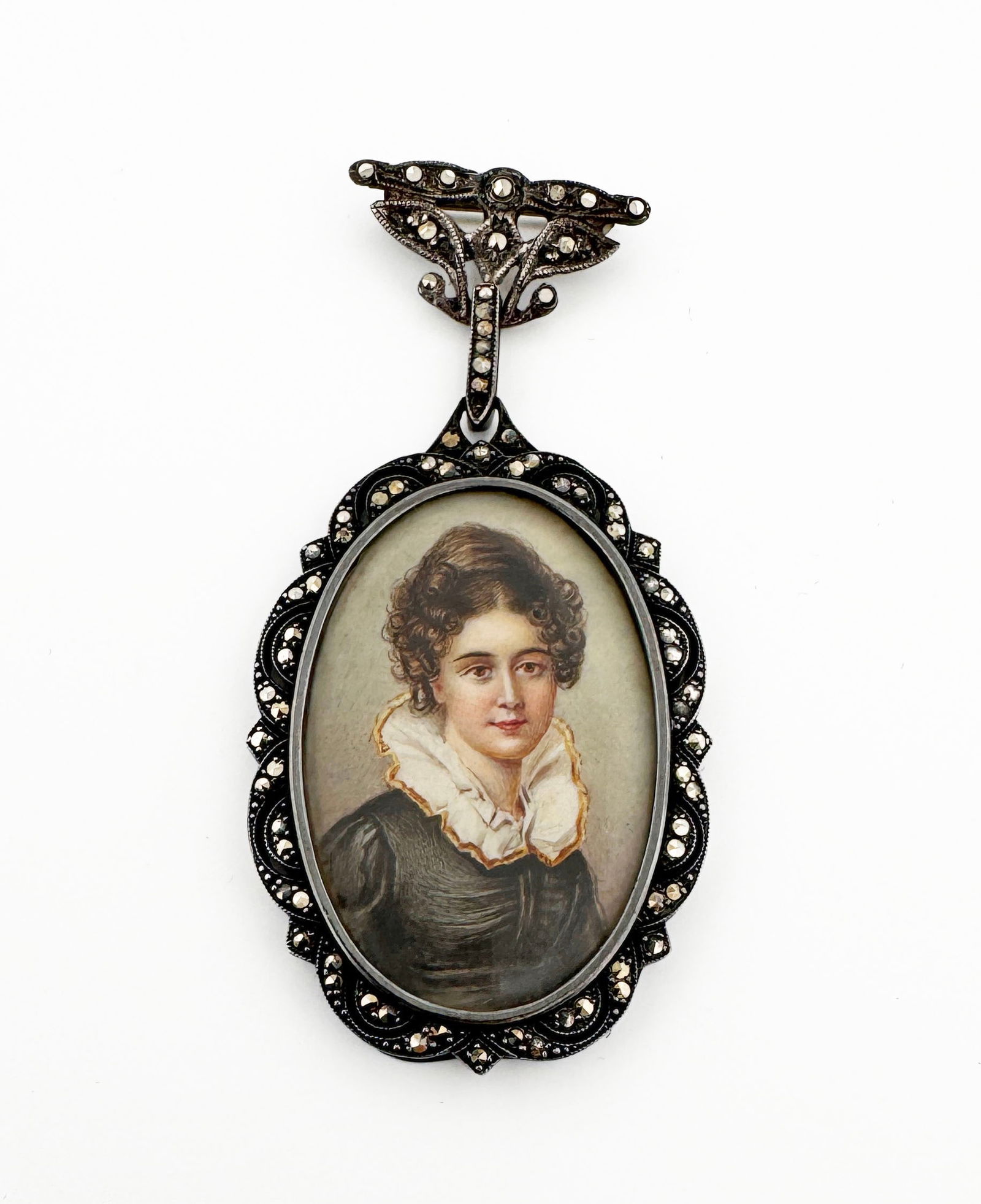 Silver Marcasite Portrait Pendant: Antique silver and marcasite portrait pendant 12g 43.11mm length