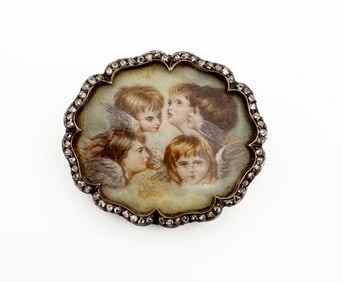 Antique 14k Silver & Diamond Miniature Painting Brooch