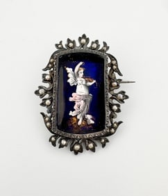Silver Enamel & Pearl Brooch