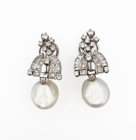 Platinum Diamond & Baroque Pearl Earrings