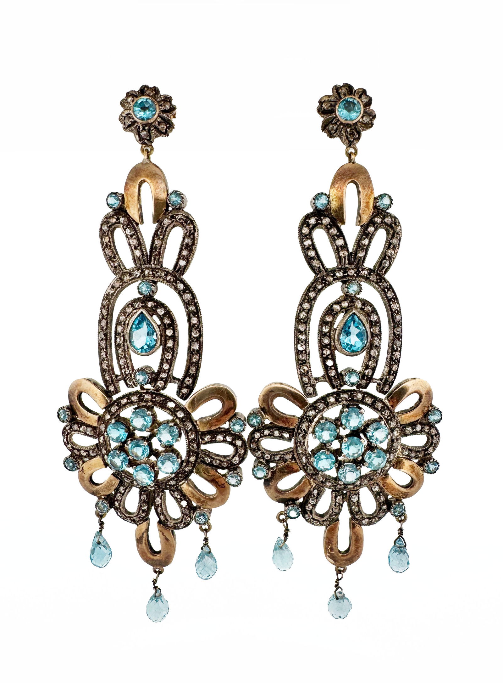 14k Gold & Silver Topaz Earrings: 14k, silver, and topaz 20g 92mm long