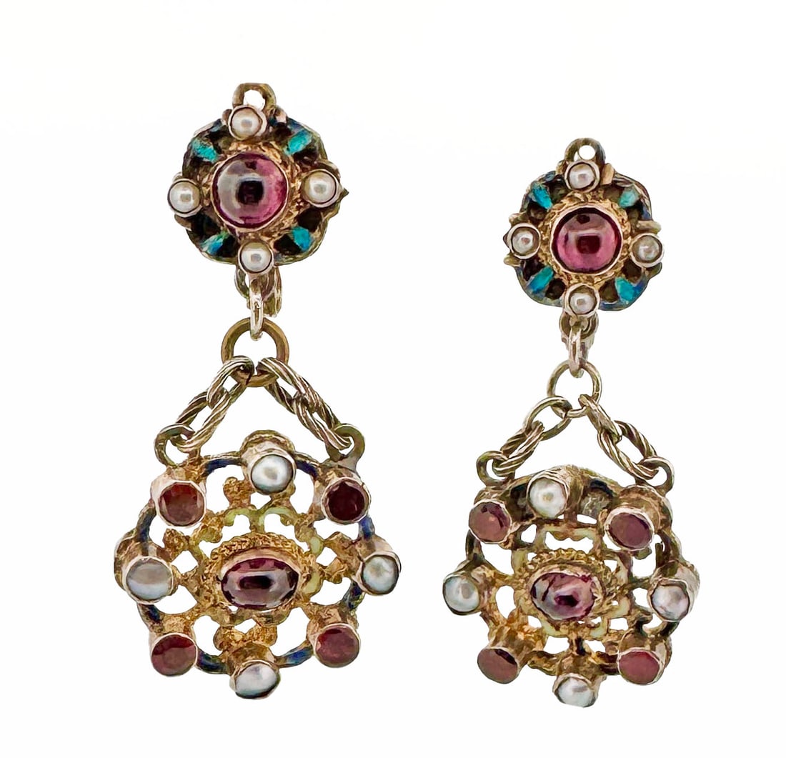 14k Gold & Silver Renaissance Revival Earrings: 14k gold and silver enamel earrings with garnet and pearls 15.1 grams 44mm long