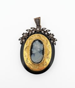 14k Onyx & Diamond Cameo Pendant