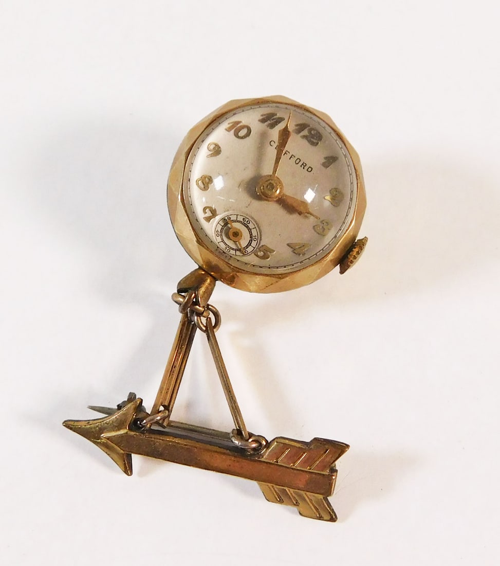Gold Filled Clifford Orb Watch Fob: Vintage gold filled watch fob featuring an arrow design with a suspended Clifford watch in an orb. Weight: 0.5 oz.