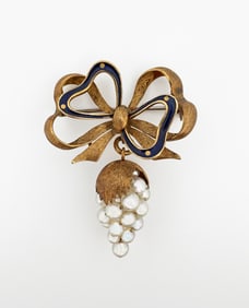 18k Enamel Pearl Bow & Grape Brooch