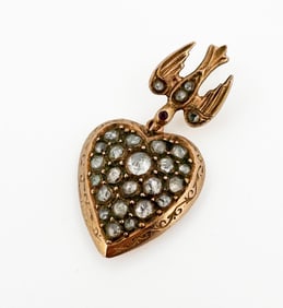 Antique 14k Diamond Bird & Heart Pendant