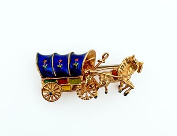 18k Enamel Horse & Carriage Brooch