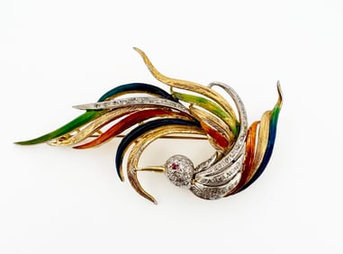 18k Enamel Diamond Bird of Paradise Brooch