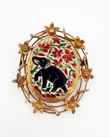 14k Gold Enamel Gemstone Brooch