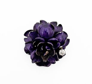 14k Enamel Diamond Cabbage Rose Pendant Brooch