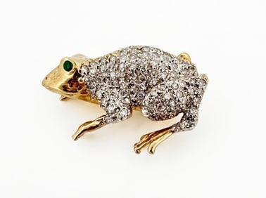14k Gold Diamond Frog Brooch
