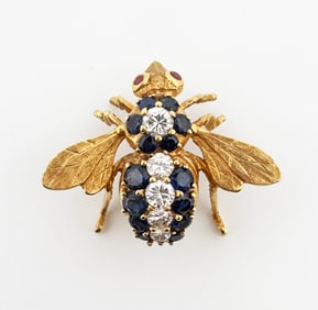18k Diamond & Sapphire Bee Brooch