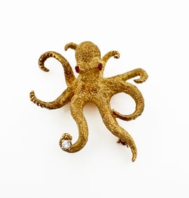 18k Diamond & Ruby Octopus Brooch