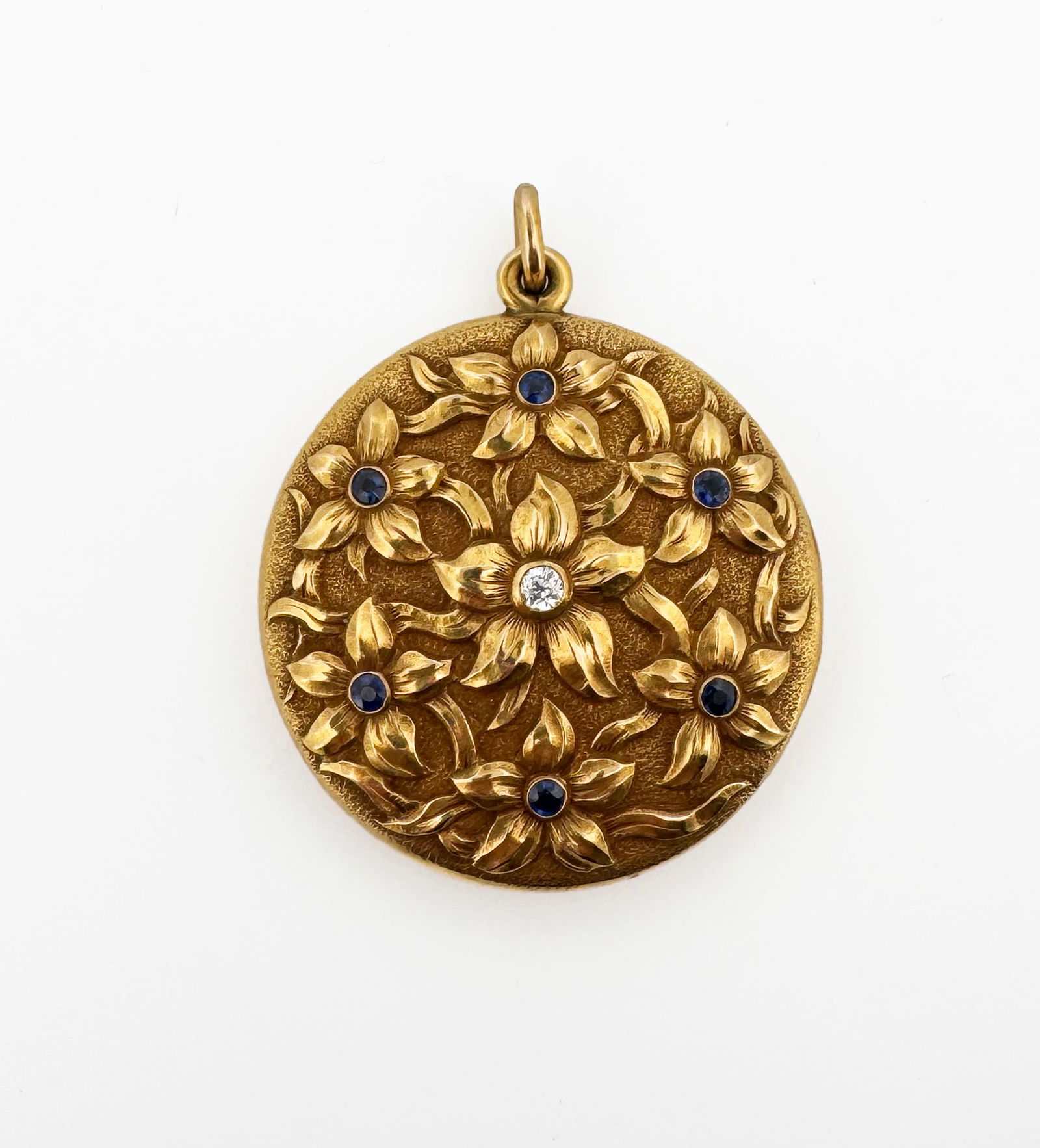 14k Diamond & Sapphire Locket: 14k yellow gold 22.3g 40.2mm diameter 3mm diamond