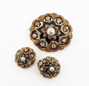 Antique Diamond Pearl Brooch & Earrings