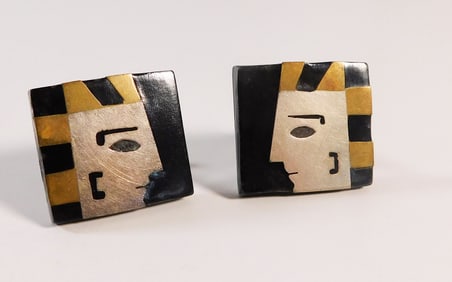 Modernist Egyptian Motif Sterling Silver & Brass Cufflinks