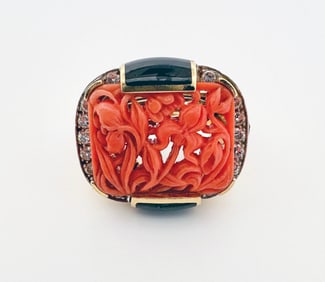 David Webb 18k Coral Diamond Enamel Ring