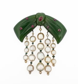 14k Silver Jade, Ruby, & Pearl Brooch