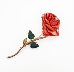 14k Carved Coral & Diamond Rose Brooch