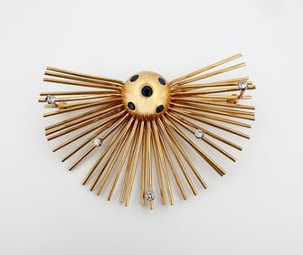 14k Diamond & Sapphire Sunburst Brooch