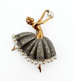 14k Pearl Diamond Ballerina Brooch