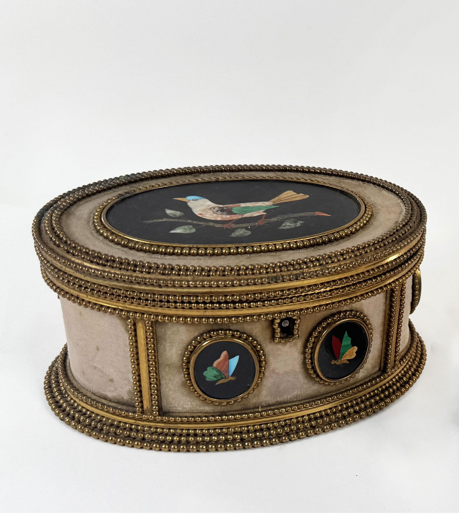 Tahan Paris Bronze Pietra Dura Dresser Box: 19th century gilt bronze pietra dura dresser box, marked "Tahan a Paris" to lock plate 4" x 7' 70.4 oz 