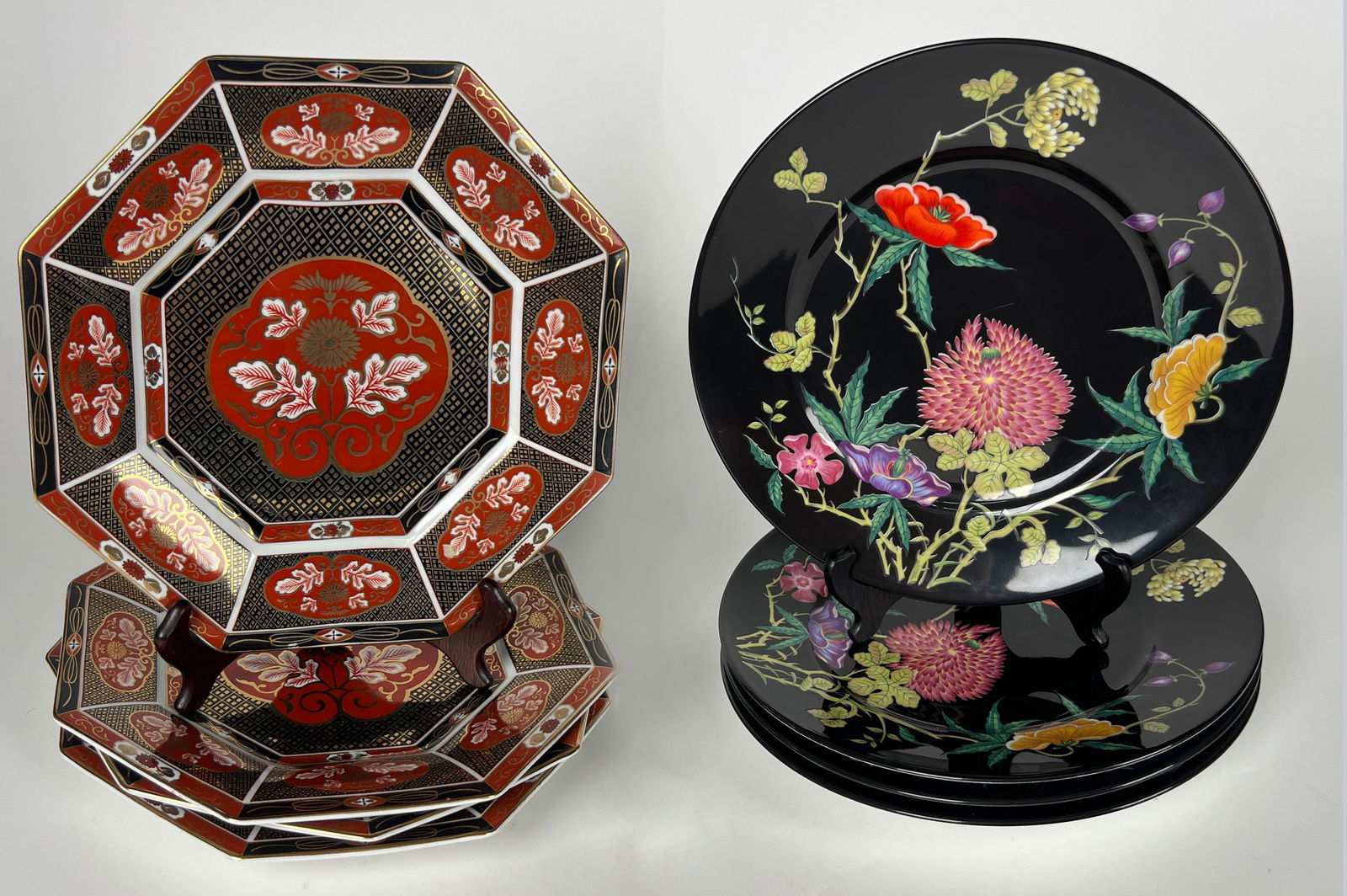 Eight Porcelain Plates: Two sets of plates: Four Arnart Golden Empress, Four Ceralene Raynaud Limoges Dioranoir Widest width: 11"Total weight 192 oz.