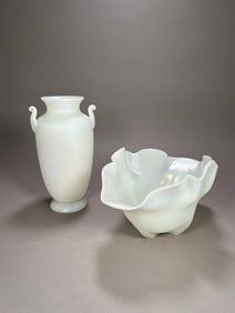 Two Steuben Ivrene Glass Vessel