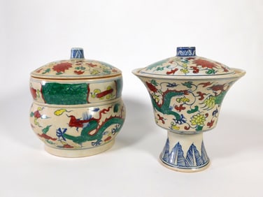 Two Chinese Doucai Porcelain Lidded Vessels