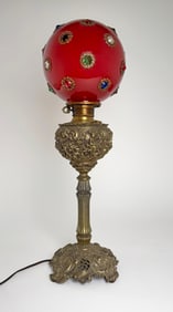 Victorian Jeweled Cranberry Glass Banquet Lamp