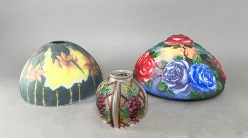 Three Reverse Painted Glass Lamp Shades