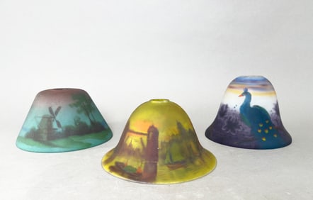 Three Reverse Painted Glass Lamp Shades
