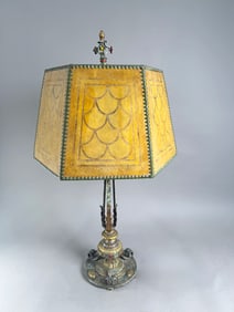 Ornate Neoclassical Lamp with Geometric Mica Shade